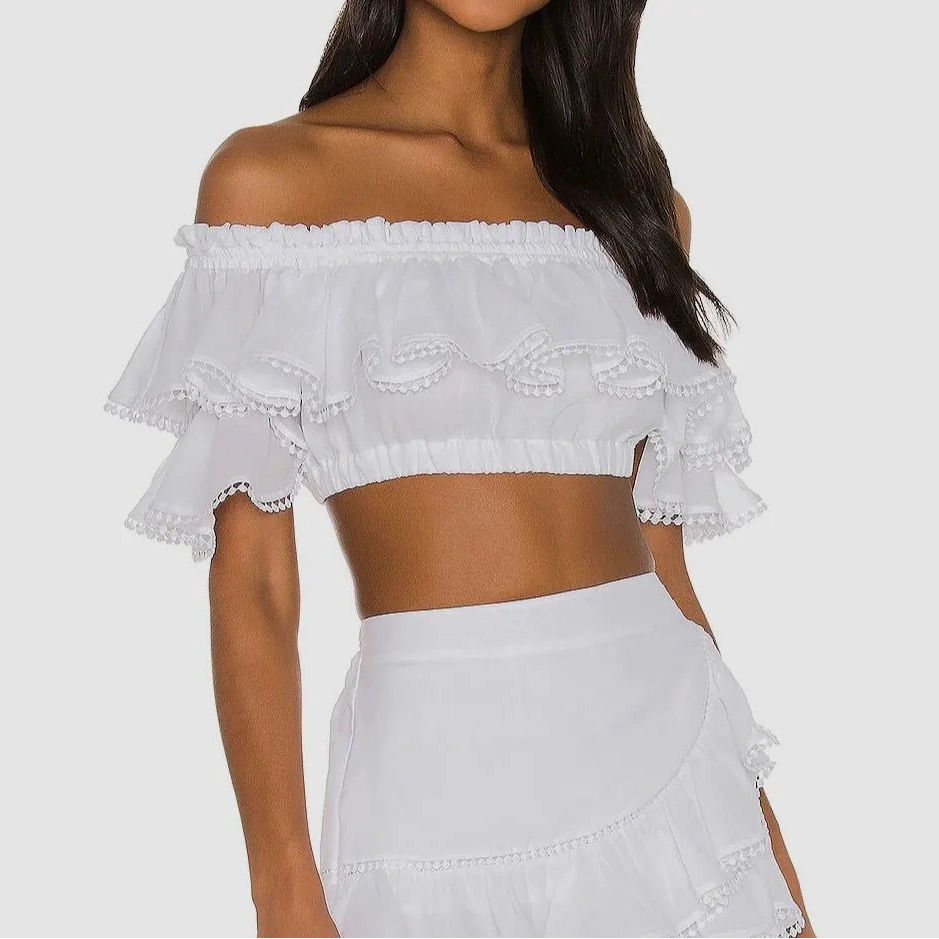 $292 Charo Ruiz Ibiza Women's White Cata Off-Shoulder Cropped Blouse Top Size Xs